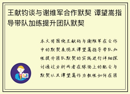 王献钧谈与谢维军合作默契 谭望嵩指导带队加练提升团队默契