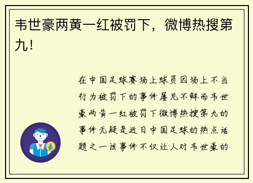 韦世豪两黄一红被罚下，微博热搜第九！