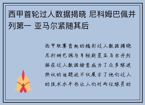 西甲首轮过人数据揭晓 尼科姆巴佩并列第一 亚马尔紧随其后
