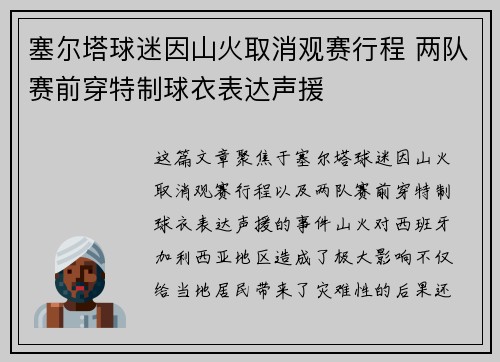 塞尔塔球迷因山火取消观赛行程 两队赛前穿特制球衣表达声援