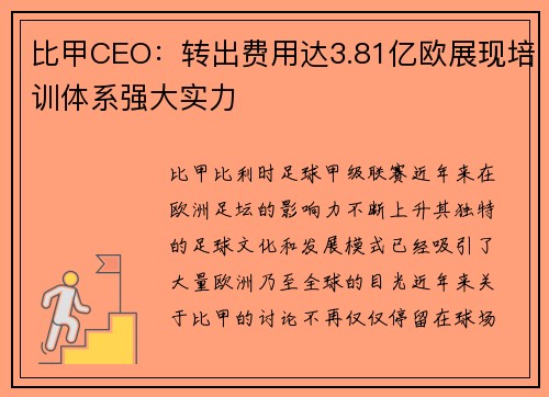 比甲CEO：转出费用达3.81亿欧展现培训体系强大实力